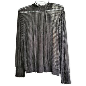 New Semi-Sheer Black Glitter Mockneck Blouse Long Sleeve Top Sheer Turtleneck